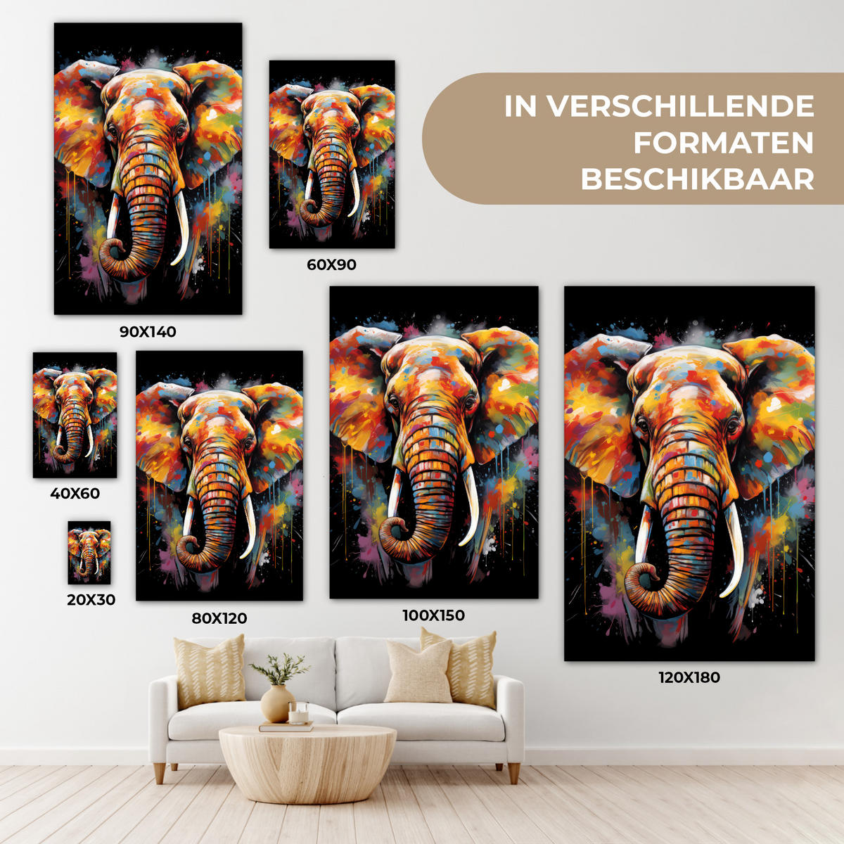 LEINWANDBILD Elefant - Graffiti - Schwarz - Tiere - Farben 40x60 cm - Schwarz, Textil (40/60cm) - MuchoWow