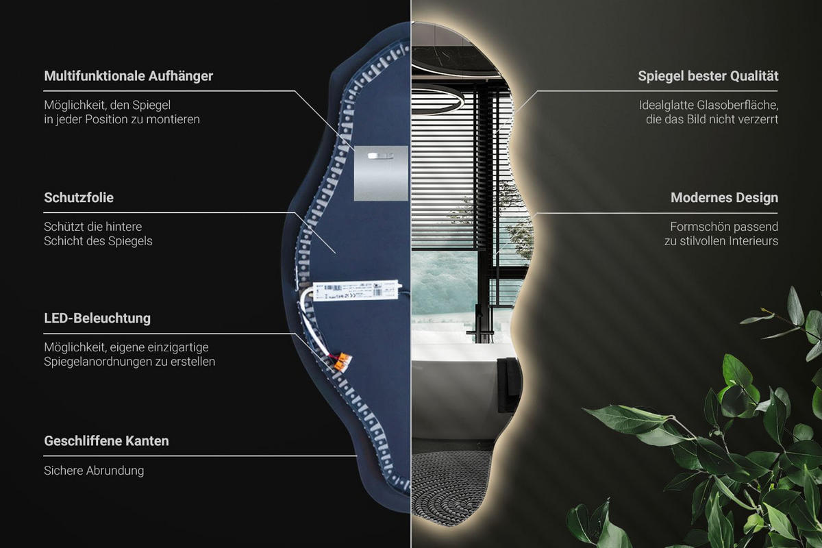 LED-SPIEGEL 40x80 cm Asymmetrisch Warmweiß 3000K - Gelb, Glas (40/80/0.4cm) - Wallfluent