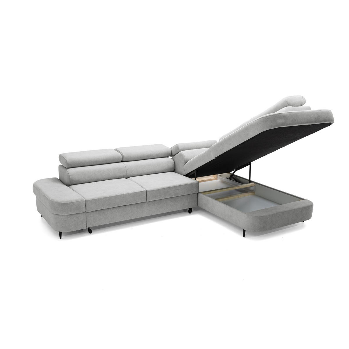 ECKSOFA PRIAM L Rechts mit Schlaffunktion 125x195 Velours Hellgrau - Hellgrau/Schwarz, Holz/Textil (203/275cm) - Muffo