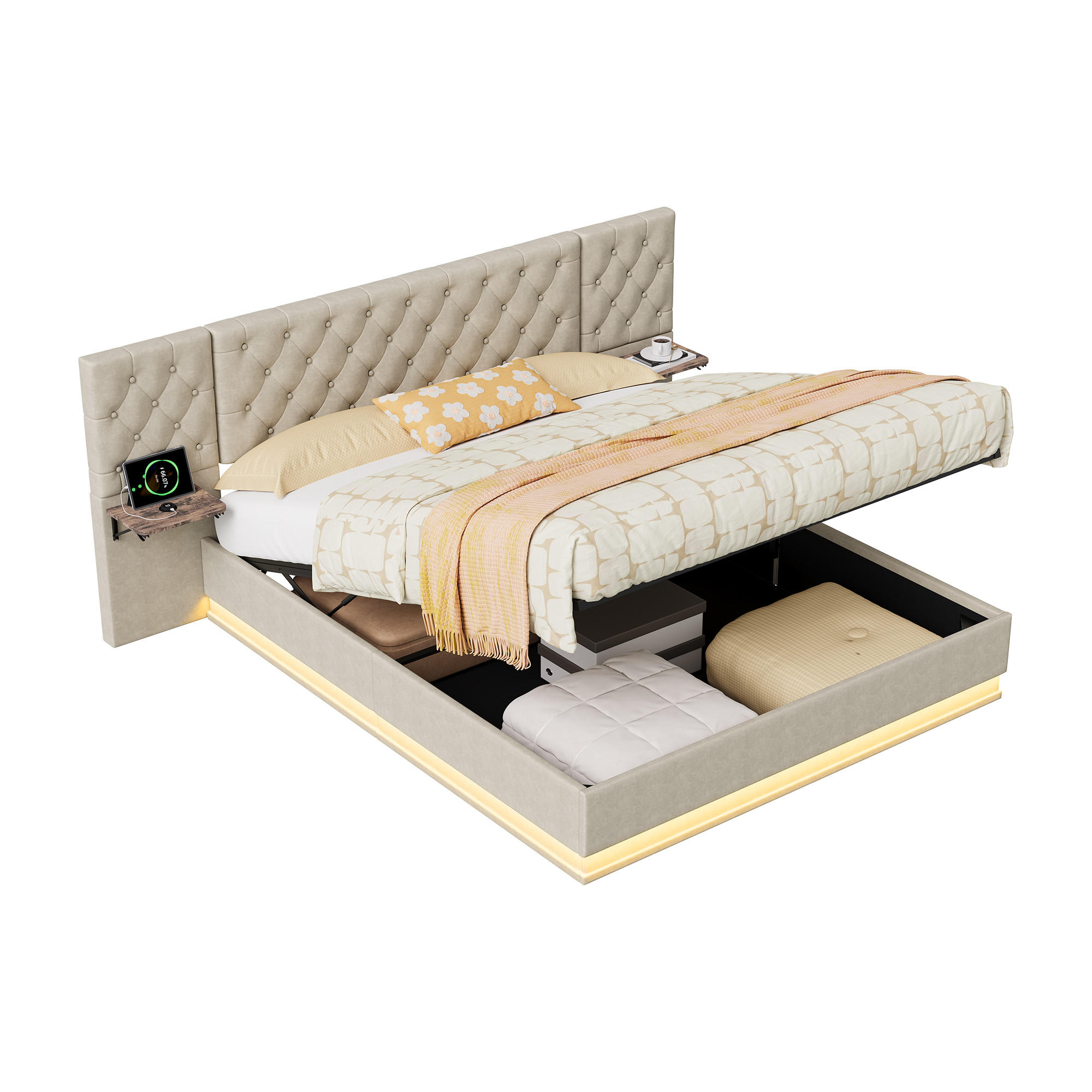 POLSTERBETT 140x200 cm Beige Leinenoptik mit Bettkasten RGB LED Ladefunktion - Beige, Holz (140/200cm) - SHOPENTRA