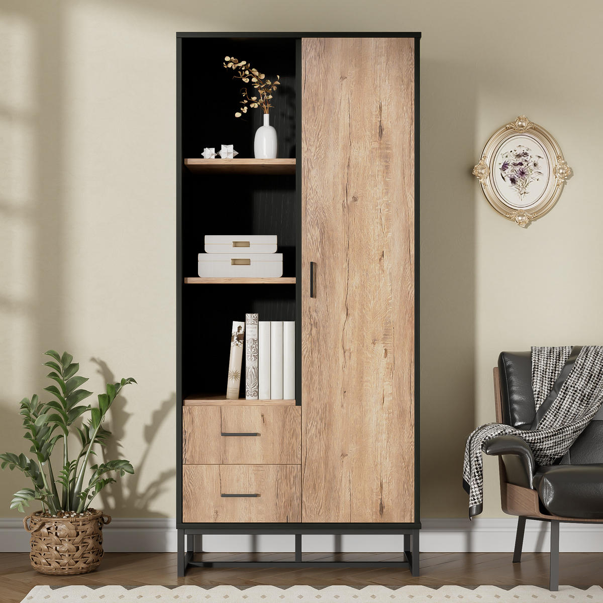HOCHSCHRANK mit 2 Schubladen und offenen Fächern Schwarz - Schwarz, Holzwerkstoff (40/180/80cm) - Urban Meuble