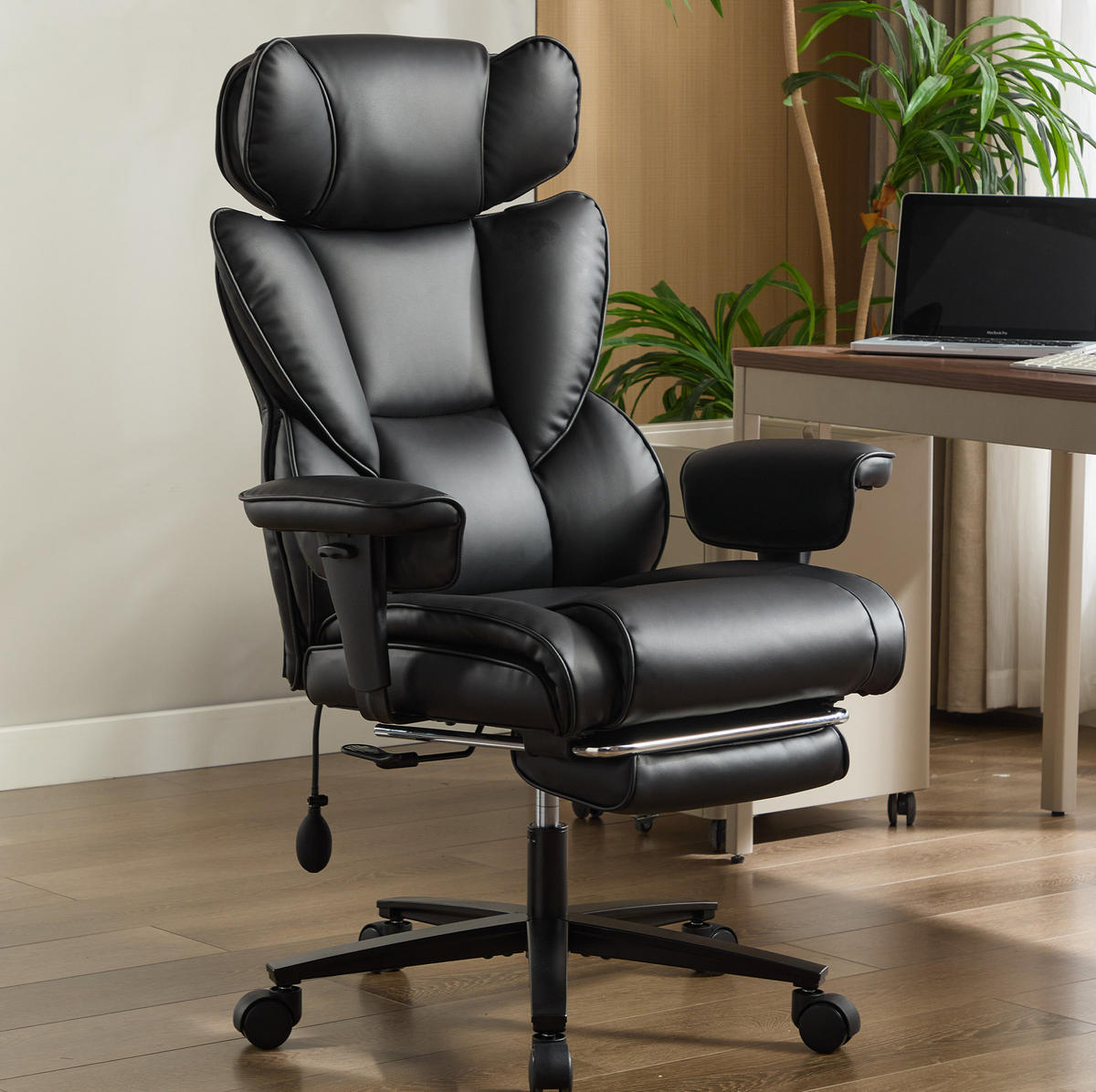 BÜROSTUHL in Schwarz 52x56x121 cm mit verstellbarer Kopfstütze und Lendenwirbelstütze - Schwarz, Leder (56/121/52cm) - IVMEU