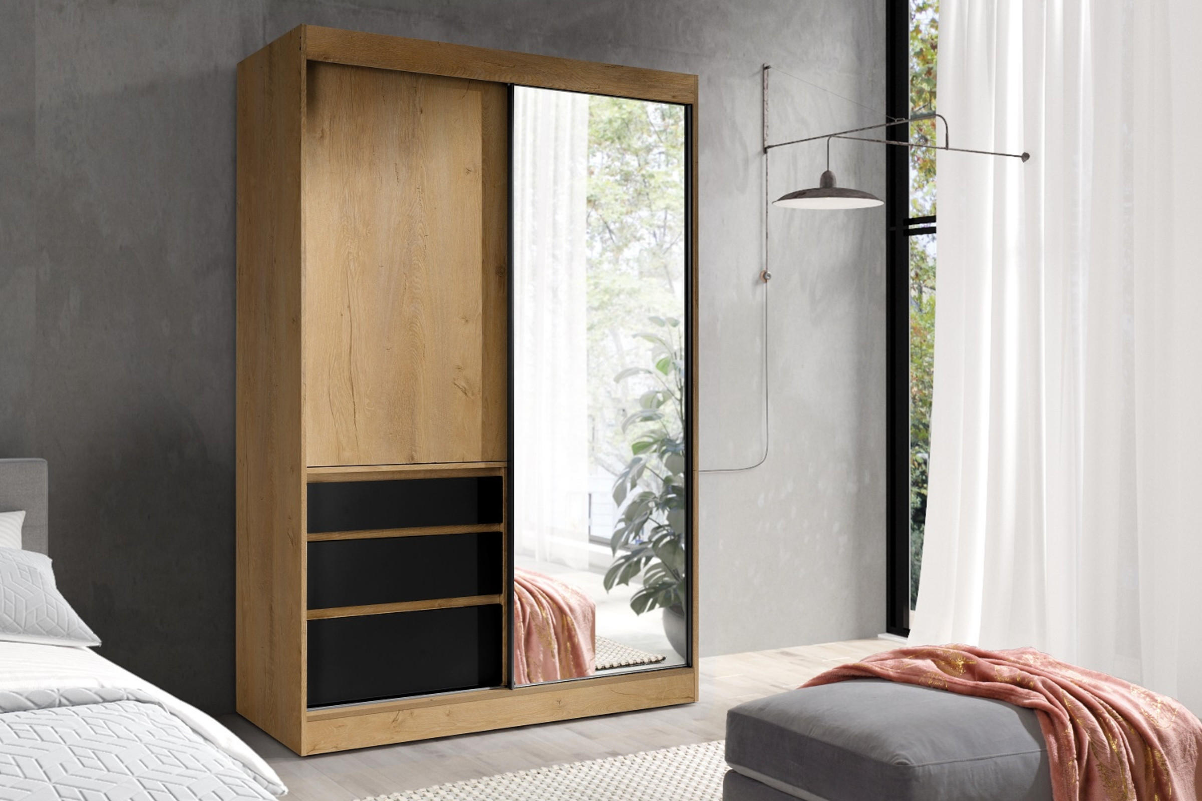 SCHWEBETÜRENSCHRANK HAITI 140/216 cm in Eiche Lefkas / Schwarz - Eichefarben/Schwarz, Holzwerkstoff (140/65/216cm) - Deine Möbel 24