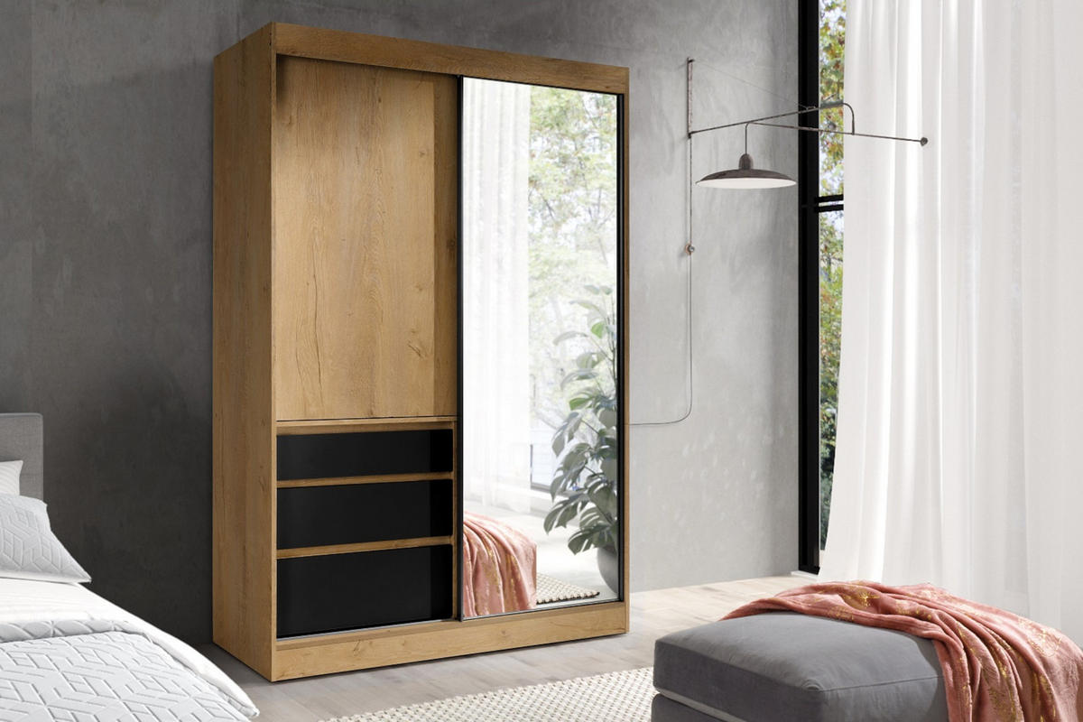 SCHWEBETÜRENSCHRANK HAITI 140/216 cm in Eiche Lefkas / Schwarz - Eichefarben/Schwarz, Holzwerkstoff (140/65/216cm) - Deine Möbel 24