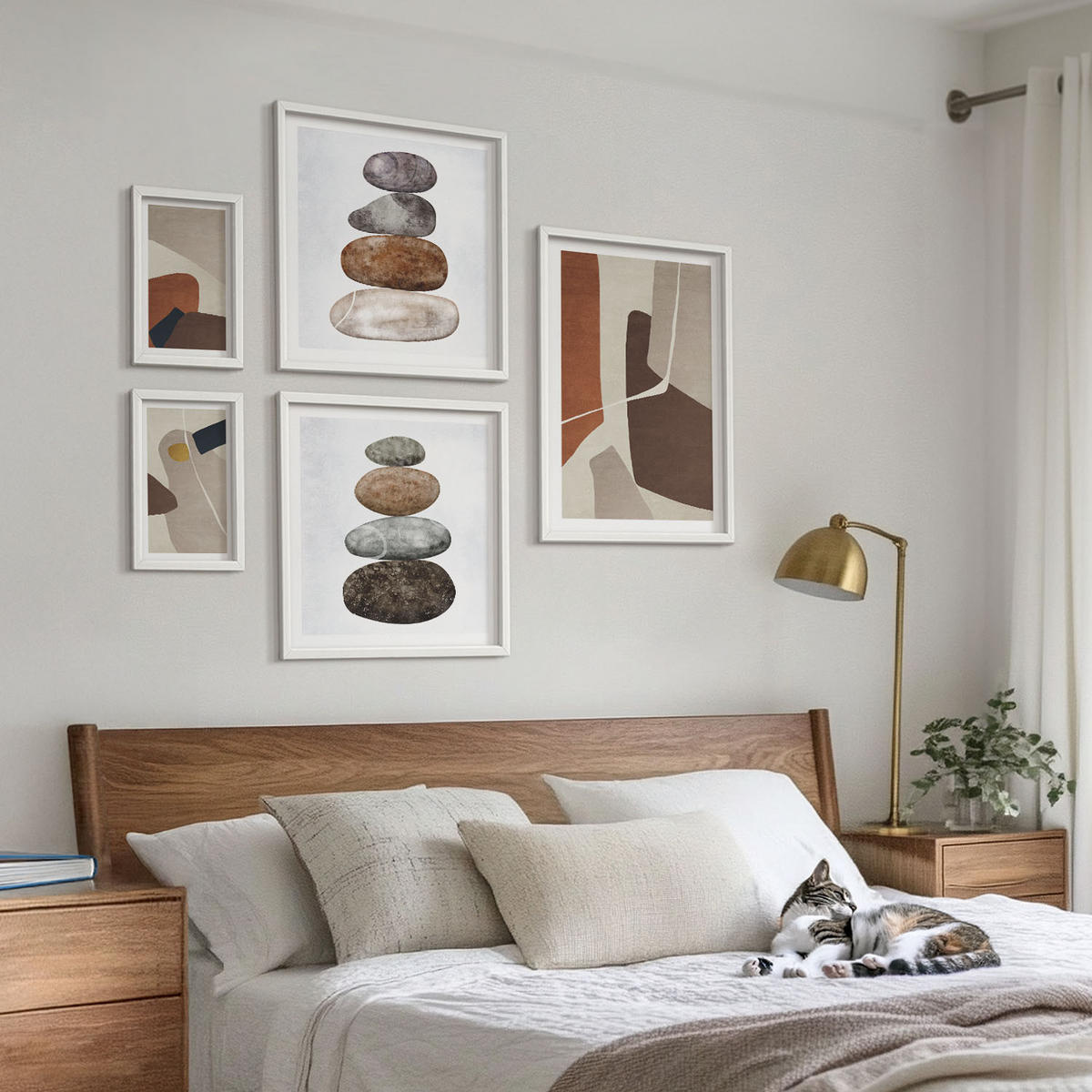 WANDBILDER 5er-Set - 50x50 cm & 20x30 cm & 40x60 cm Weißer Rahmen - Abstrakte Boho-Formen - Weiß, Kunststoff (40/60cm) - ArtPrintCave