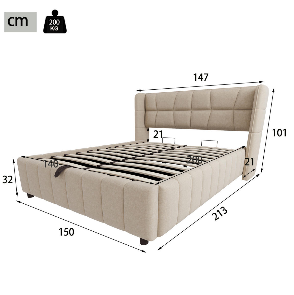 POLSTERBETT 140/200 cm aus Stoff mit Stauraum und gepolstertem Kopfteil Beige - Beige, Textil (140/200cm) - Modenvie