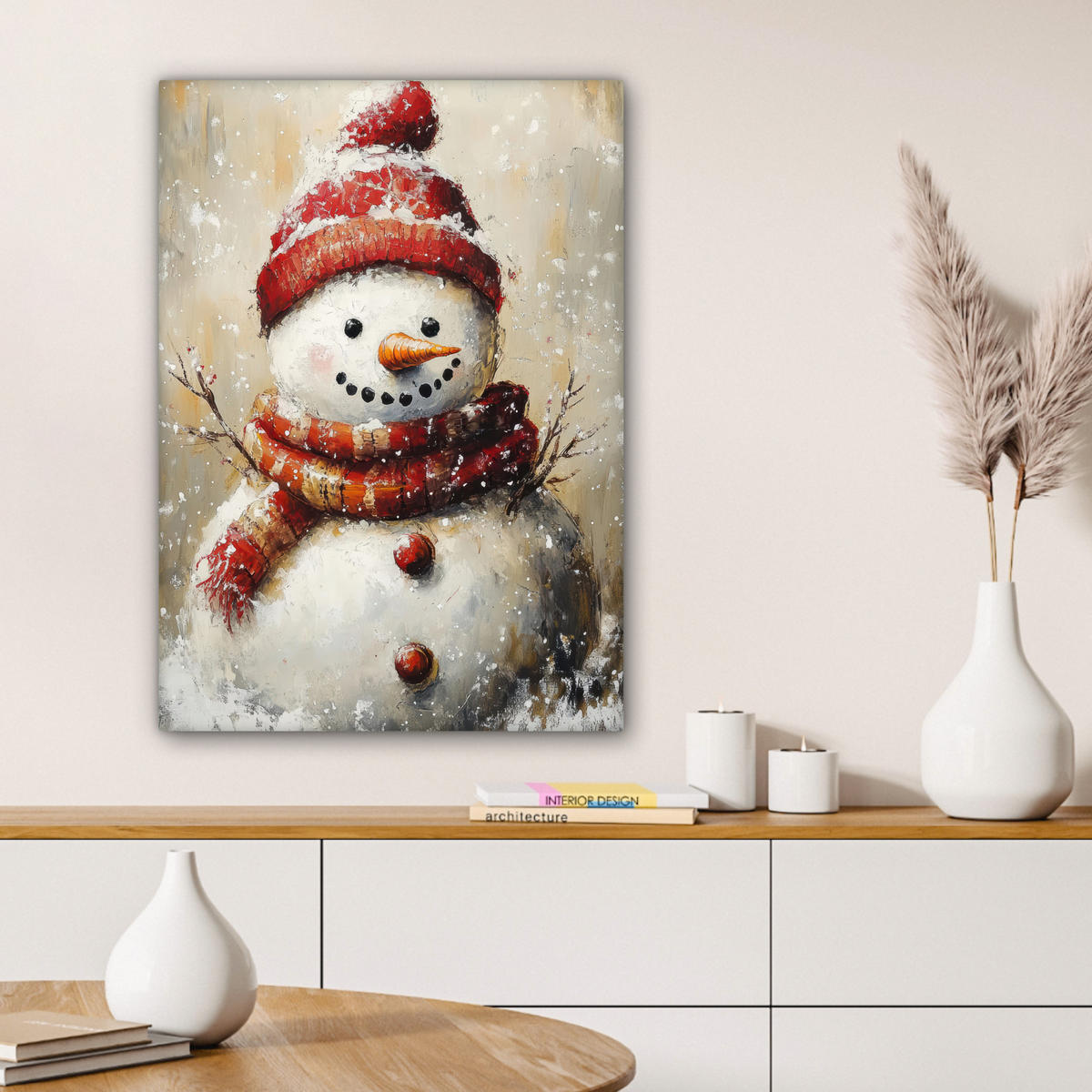 LEINWANDBILD Schneemann - Winter - Schnee - Beige 60x80 cm - Weiß, Textil (60/80cm) - MuchoWow