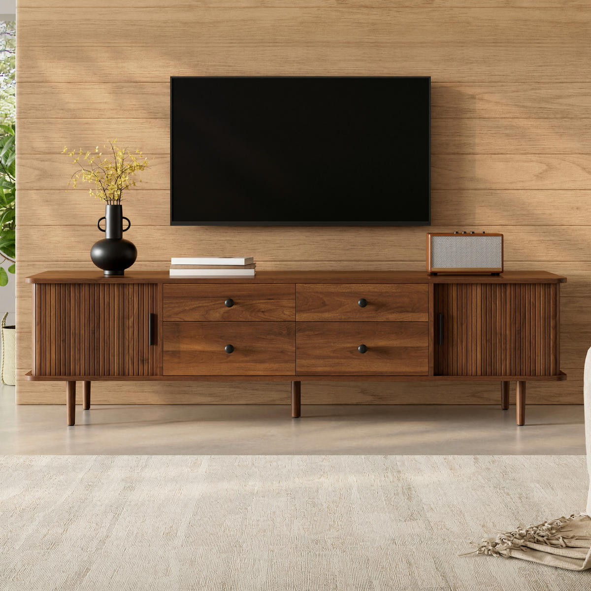 TV-LOWBOARD 165cm mit 4 Schubladen und 2 Schiebetüren - Walnussfarben, Holzwerkstoff (165/46/40cm) - FLIEKS