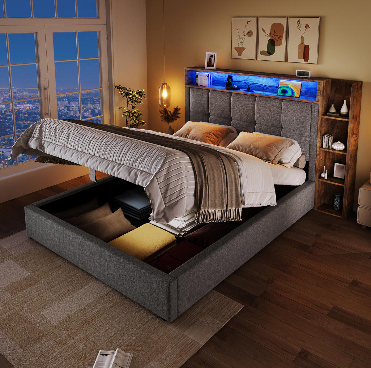 POLSTERBETT mit Stauraum, USB und LED 90x200 cm Leinen Grau - Grau, Metall (90/200cm) - Meubliv