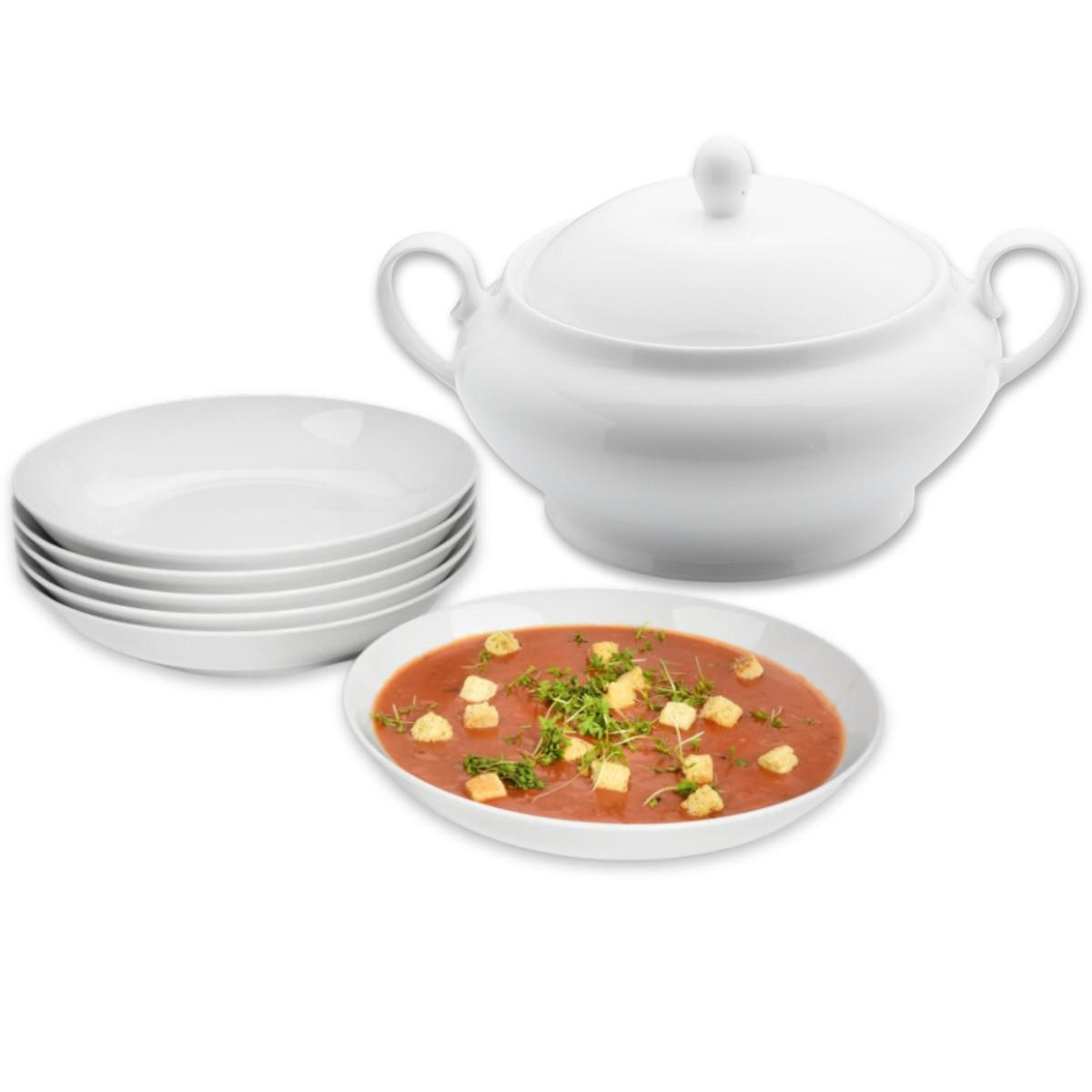 SUPPENTELLER UND SUPPENTERRINE SET NEW PORT - 7-teilig aus Porzellan - Weiß, Keramik (18cm) - Sänger