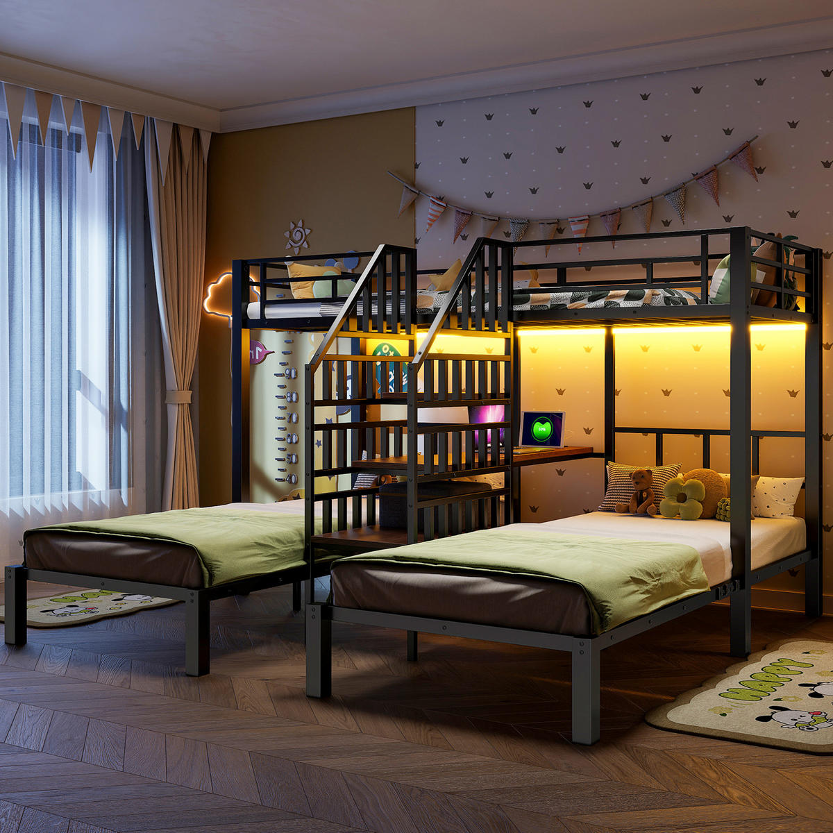 ETAGENBETT 90/200 cm mit LED-Beleuchtung, Schreibtisch, Stauraumtreppe, USB und Steckdose, Metall/MDF, Schwarz - Schwarz, Metall (90/200cm) - Redom