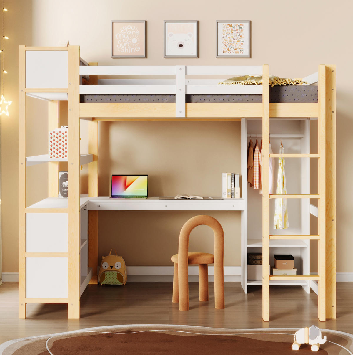 HOCHBETT 140/200 cm Natur mit Schreibtisch und Kleiderschrank ohne Matratze - Naturfarben, Holz (140/200cm) - MIVRAY