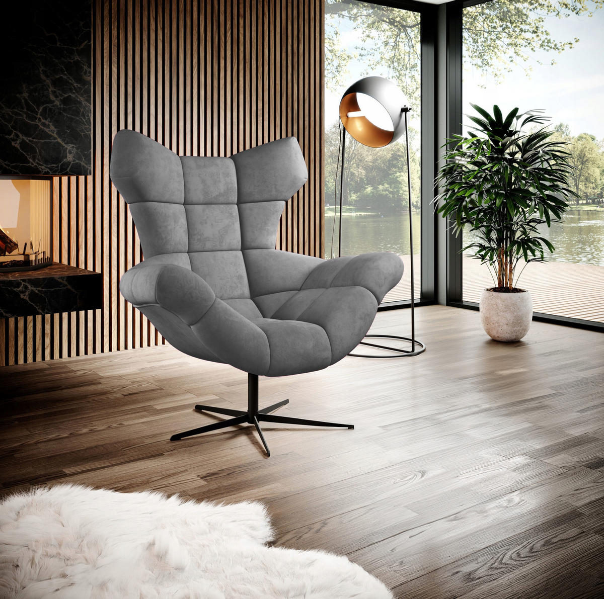 SESSEL SENSI Relaxstuhl mit 360° Drehung und Schwingfunktion – Lux-Schaumkissen, Grau, 104x46x119 cm - Schwarz/Grau, Holz/Textil (104/119/84cm) - DomoHome
