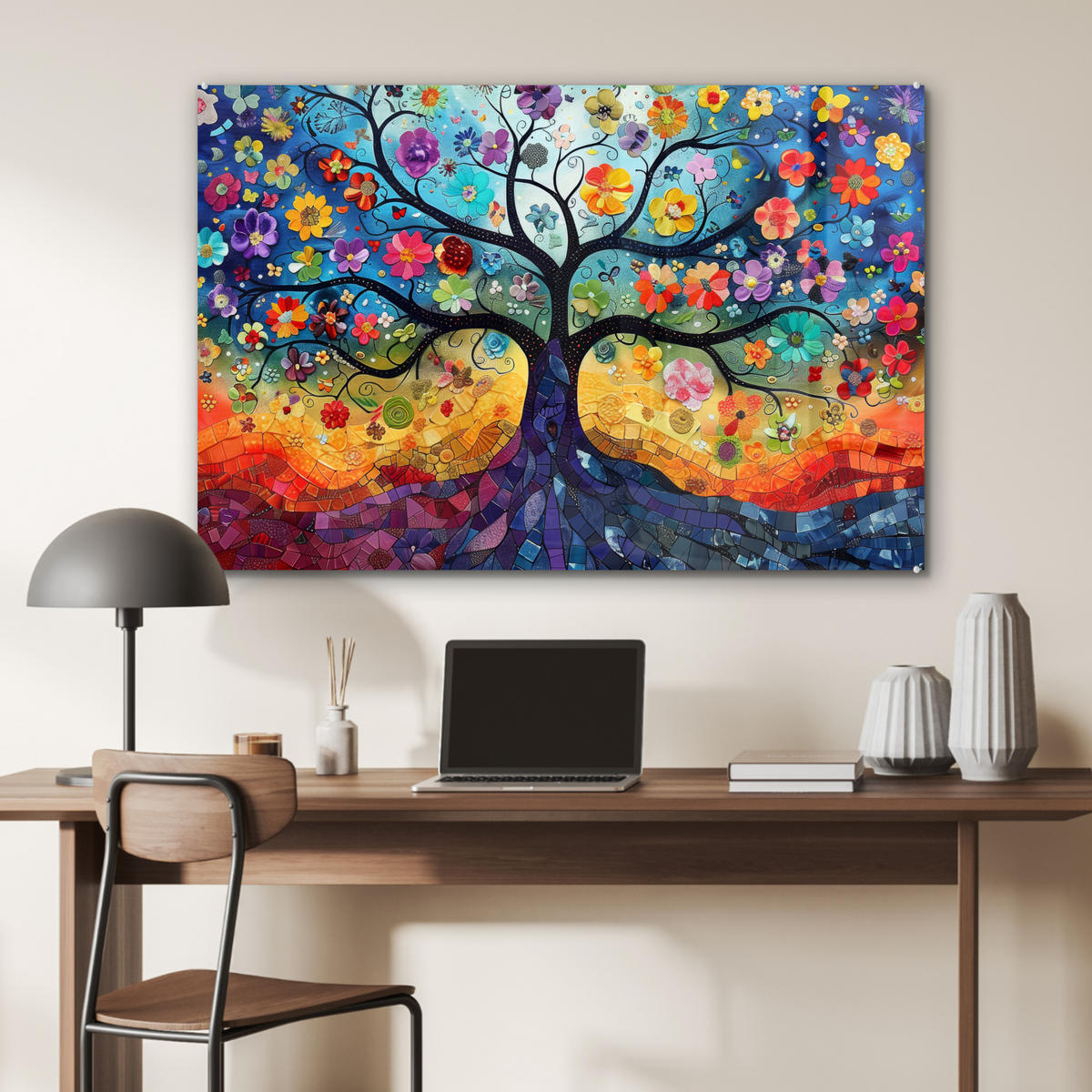 ACRYLGLASBILD Kunst - Baum des Lebens - Blumen - Hippie 90x60 cm - Dunkelblau, Glas (90/60cm) - MuchoWow