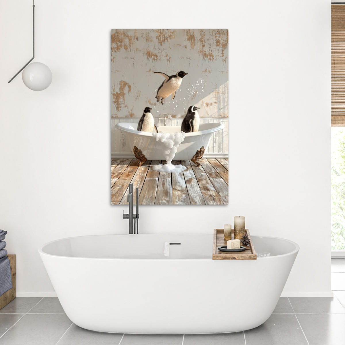 LEINWANDBILD Vintage - Pinguin - Badewanne - Schaumstoff 80x120 cm - Schwarz, Textil (80/120cm) - MuchoWow