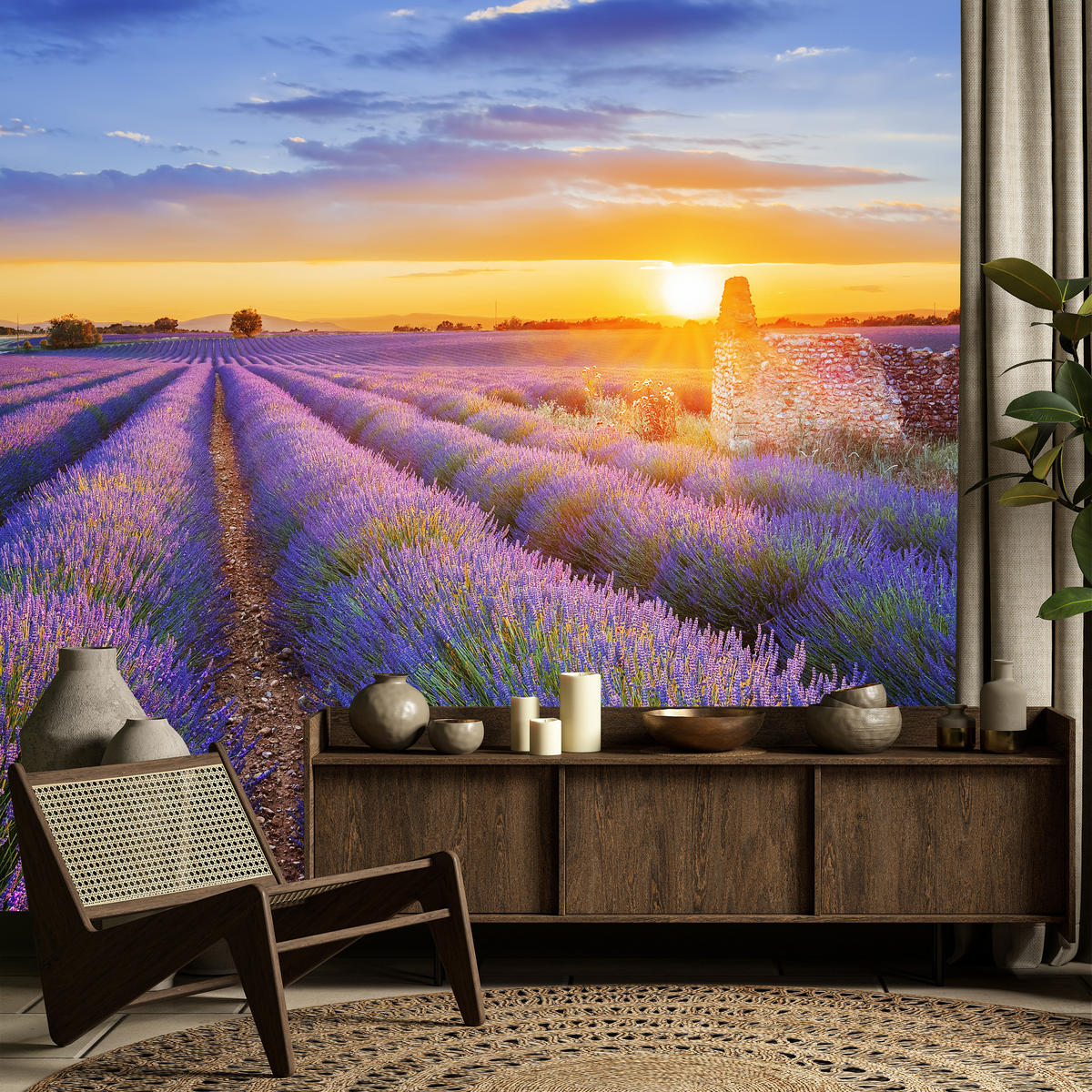 FOTOTAPETA Pre Obývaciu Izbu Levanduľové Pole Západ Slnka Fialová 250 x 175 cm - oranžová/zelená, papier (250/175cm) - Muralo