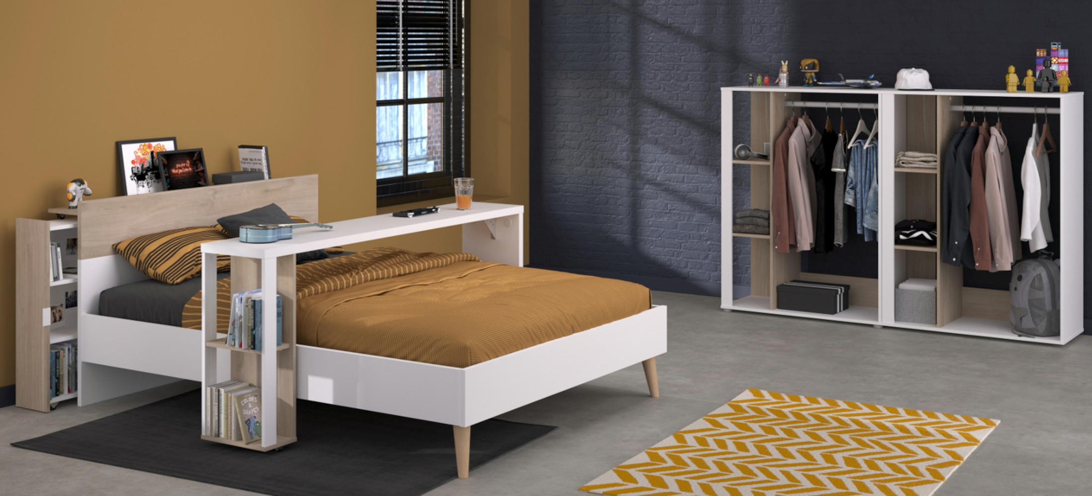 JUGENDZIMMER weiß, Eiche, Komplett-Set 5-teilig mit vielen Fächern - Eichefarben/Weiß, Holzwerkstoff (95/123/206cm) - Parisot Meuble