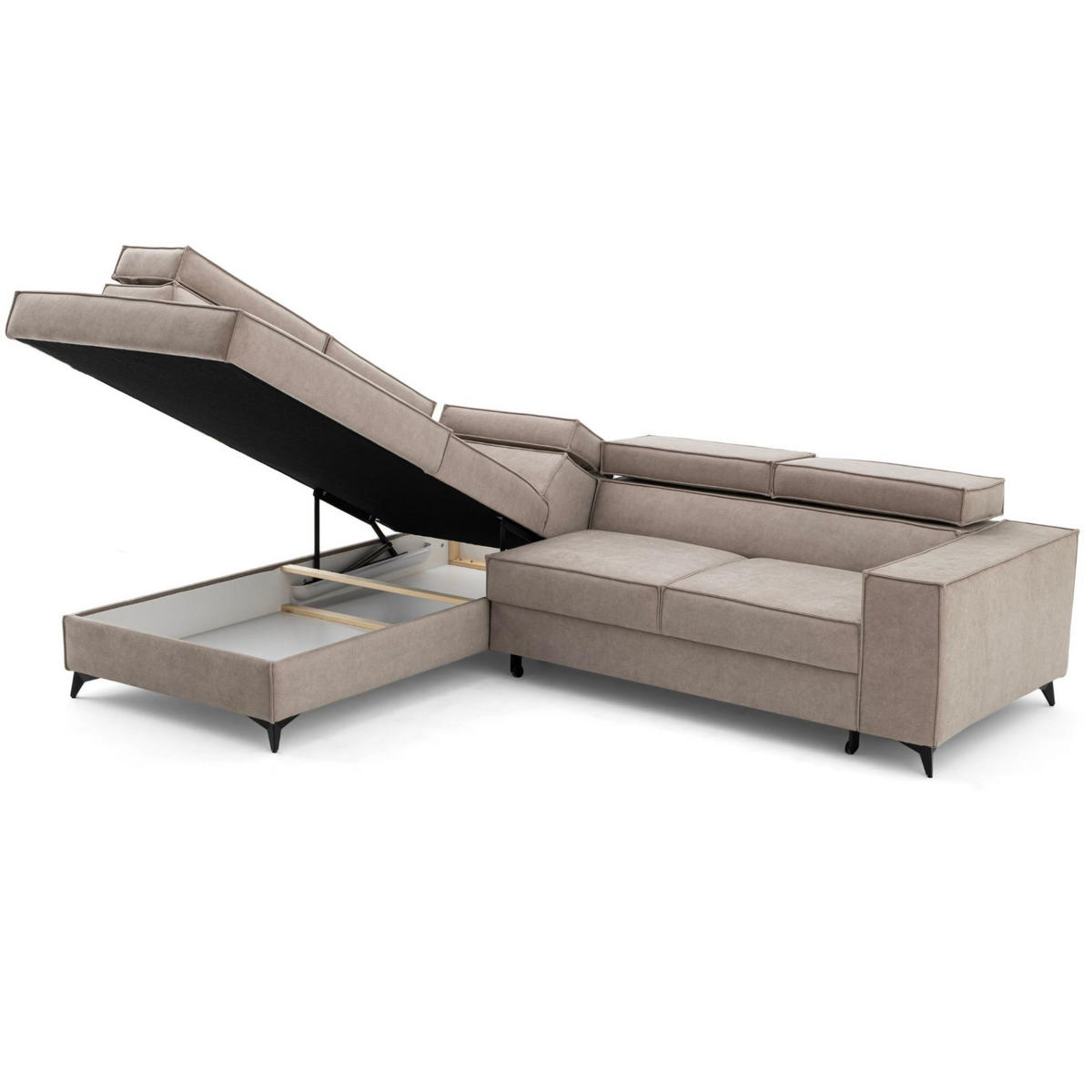 ECKSOFA PURE L Links mit Schlaffunktion 127x199 Velours Creme - Creme/Schwarz, Holz/Textil (281/204cm) - Muffo