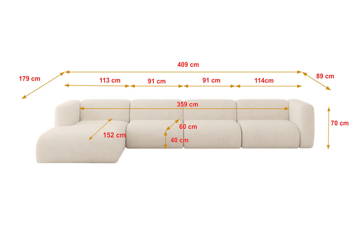 ECKSOFA Ottomane Links MIRA-L3 409x179x70 Beige Velours - Greige/Beige, Holzwerkstoff/Kunststoff (409/179cm) - ALTDECOR