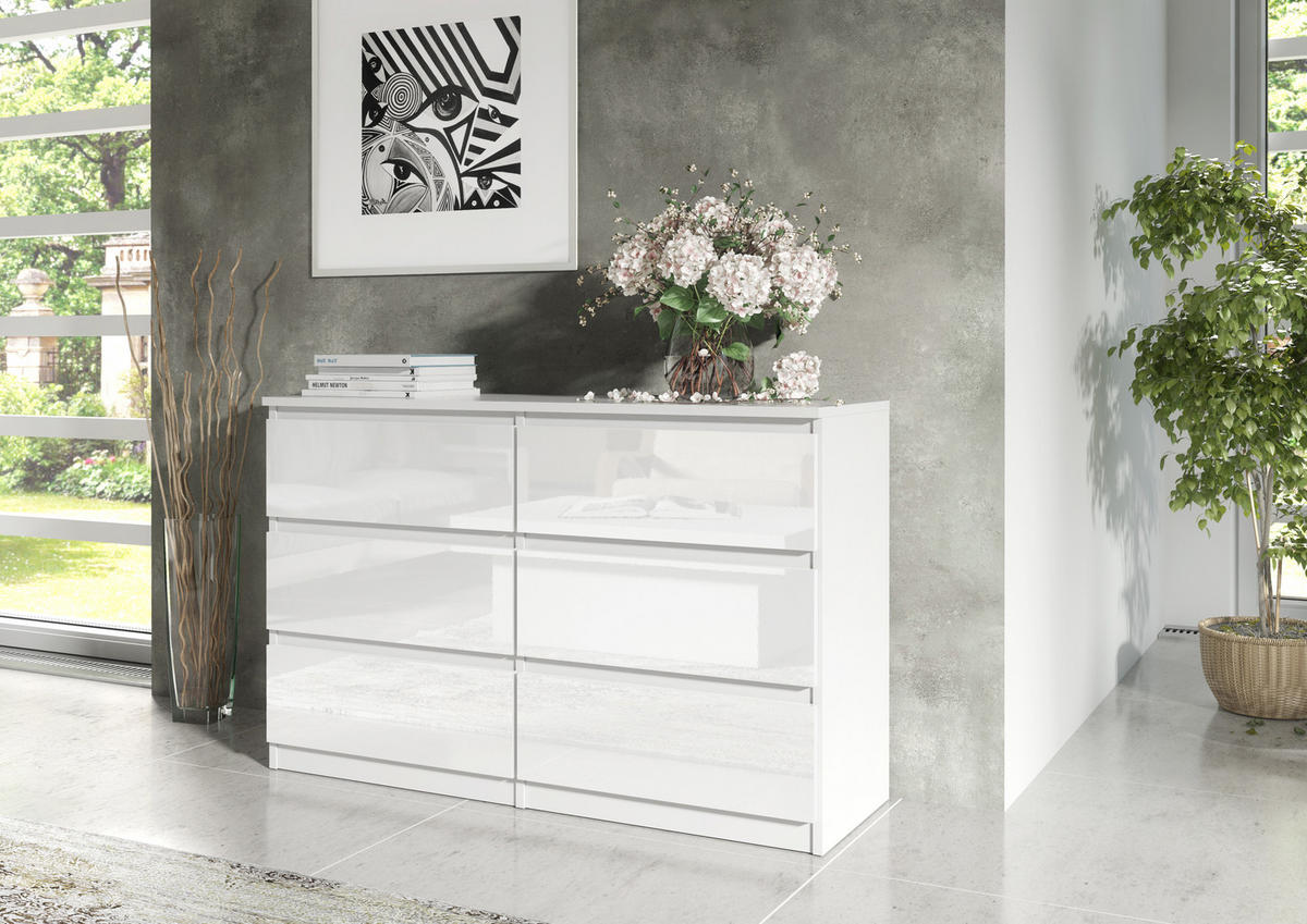 KOMMODE NUDO 120/78,5/39cm mit 6 Schubladen Türen Weiß - Weiß Hochglanz/Weiß, Holzwerkstoff (120/78.5/39cm) - MASSENO