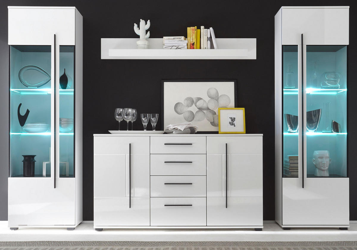 WOHNWAND Hochglanz weiß 4-teilig 290 cm, Wohnkombination modern, Soft-Close - Weiß Hochglanz/Schwarz, Glas/Holzwerkstoff (290/200/42cm) - Furn.Design