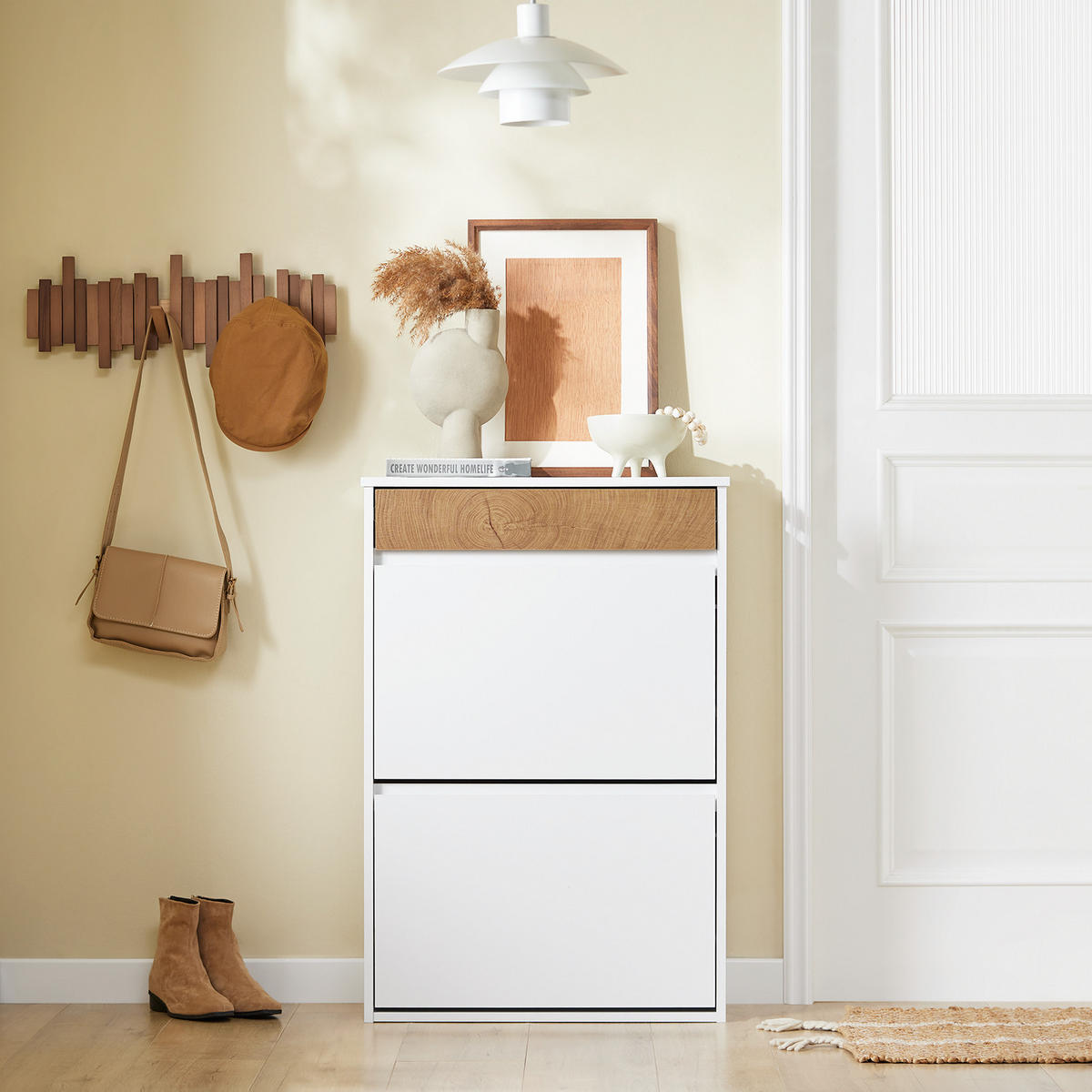 SCHUHKIPPER mit 2 Klappen und Schublade, Skandinavisches Design - Weiß, Holzwerkstoff (61/91/26cm) - SoBuy