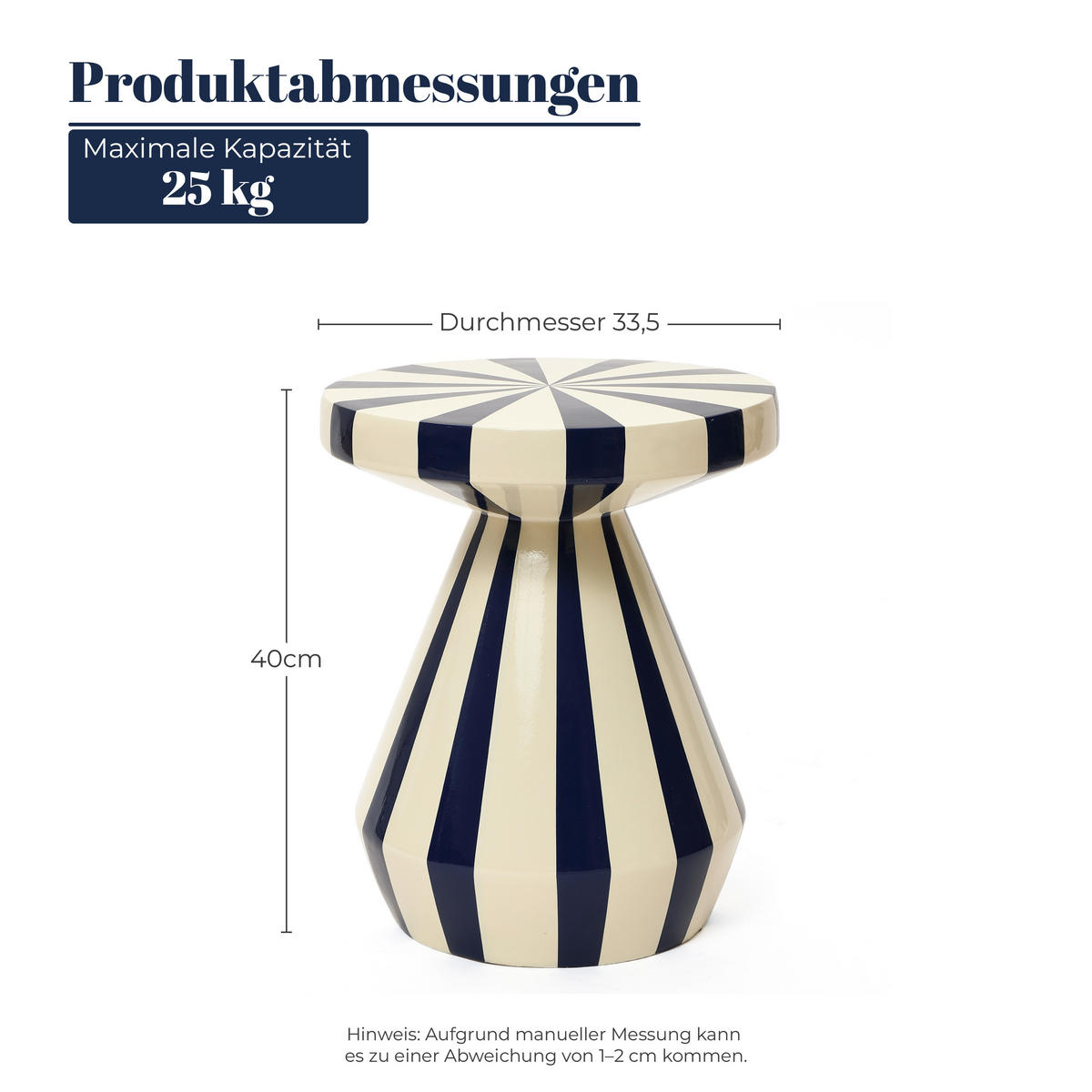 BEISTELLTISCH Rund Magnesiumoxid (MgO) mit Marineblau-Creme Gestreift - Blau, Naturmaterialien (34/34/40cm) - Hometopia
