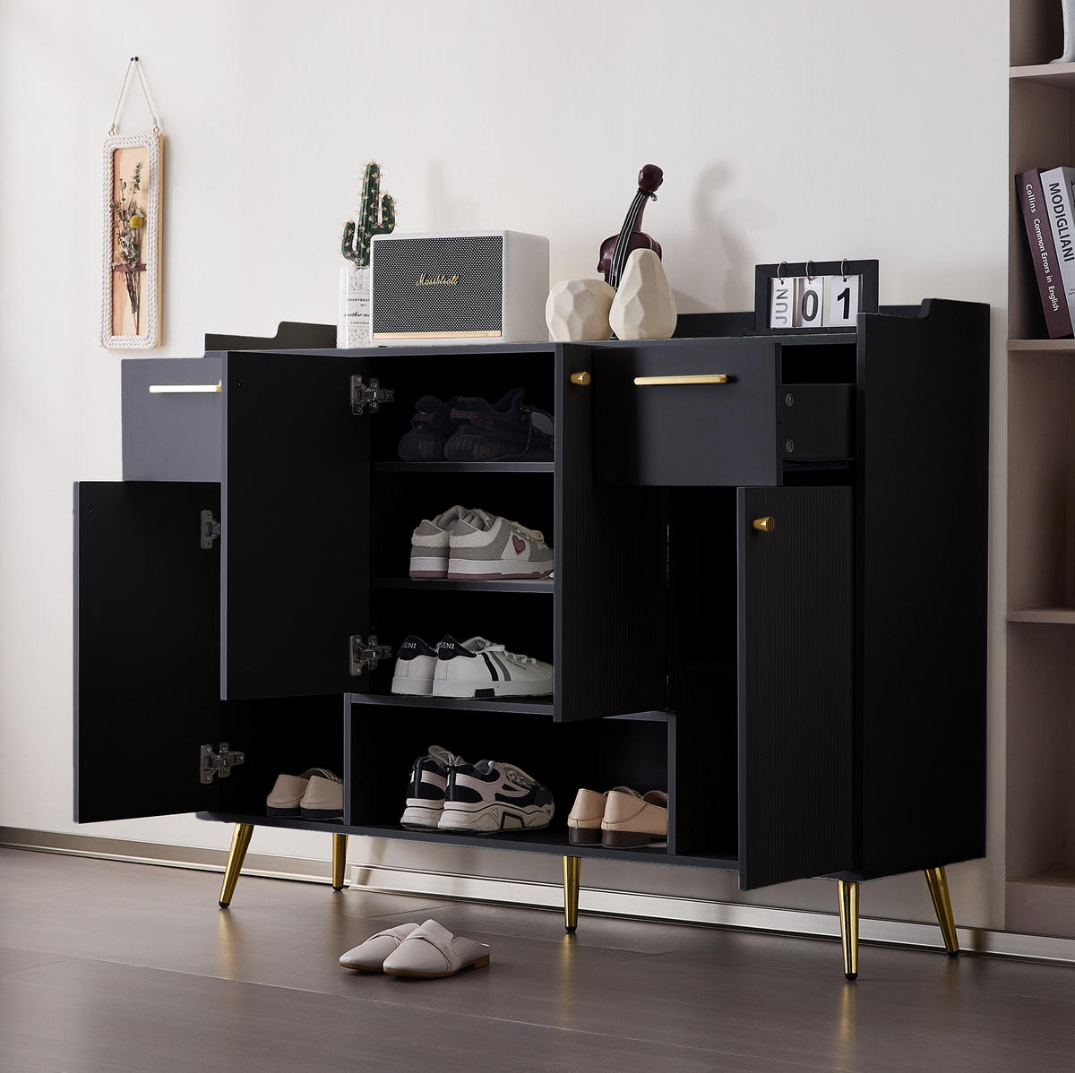 SCHUHSCHRANK aus Spanplatte 130x37x100cm in Schwarz mit 2 Schubladen - Schwarz, Holzwerkstoff (130/100/37cm) - Modfu