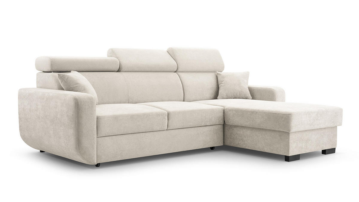 ECKSOFA CASTELLO Beige Plüsch-Stoff mit Schlaffunktion - Beige, Holz (236/165cm) - MASSENO