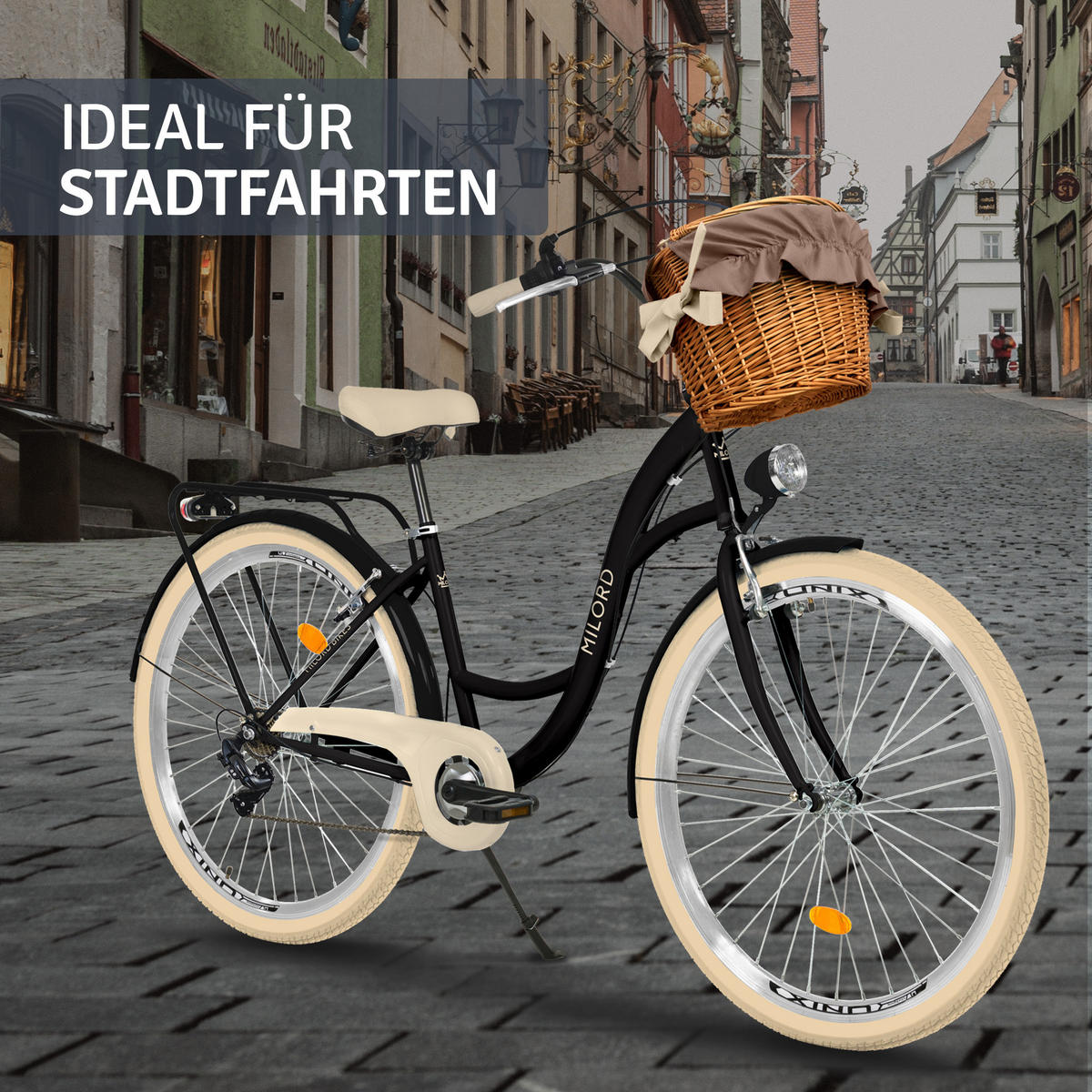 CITY-FAHRRAD Milord mit Weidenkorb, 28 Zoll, Schwarz-Creme, 7-Gang - Creme/Schwarz, Metall (46cm) - Milordbikes
