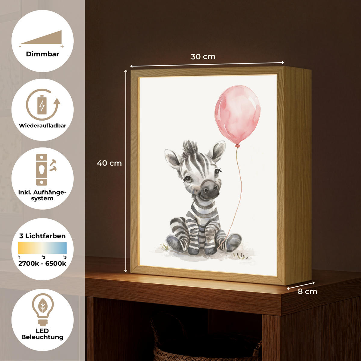 WANDLEUCHTE MIT AKKU Zebra - Baby - Tiere - Rosa Luftballon 30x40 cm - Weiß, Holzwerkstoff (30/40/8cm) - OnlyWow