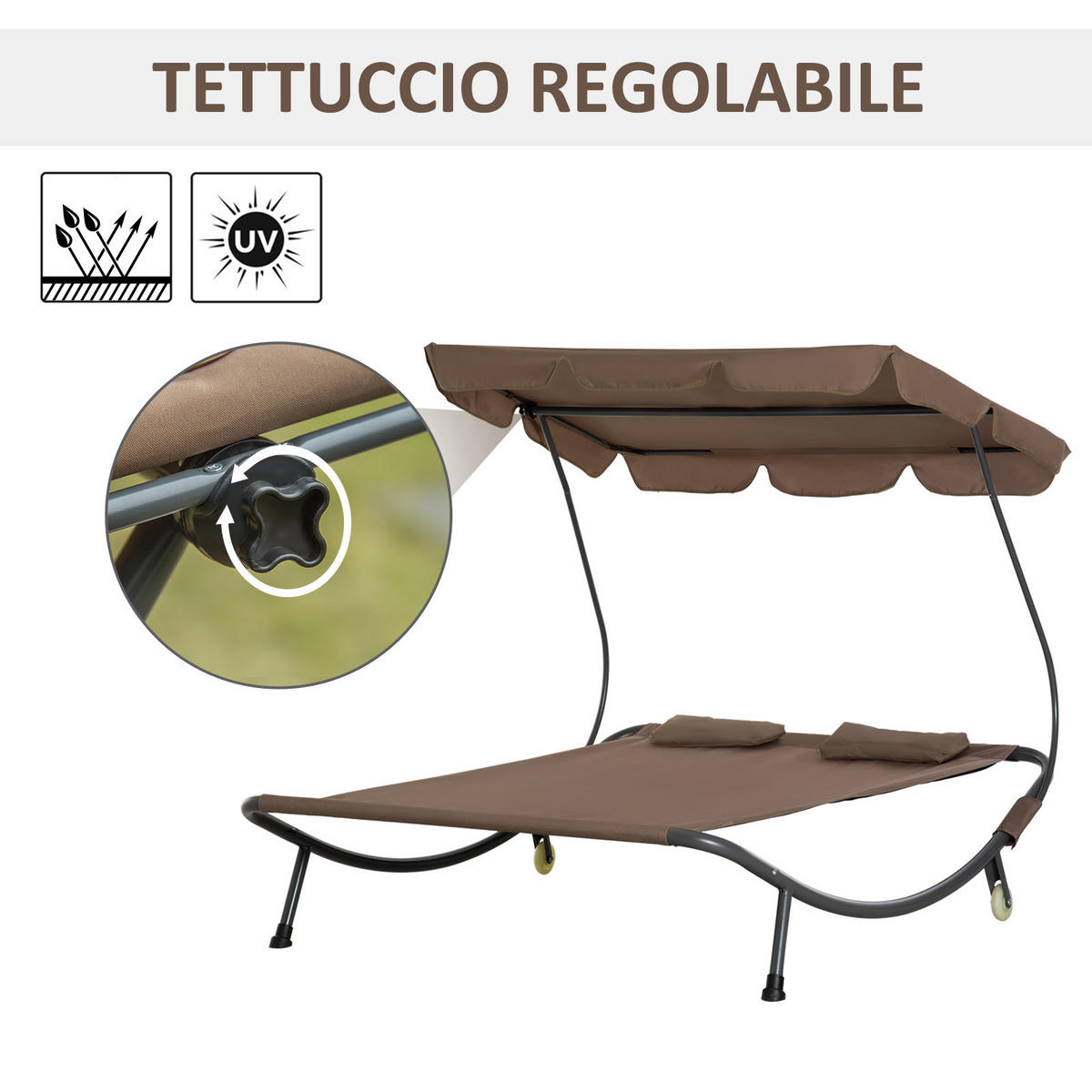 SONNENLIEGE Doppelte 2-Sitzer-Sonnenliege mit verstellbarem Sonnenschirm 200 x 175 x 134 cm ,Braun - Braun, Metall (175/134/200cm) - Vallsero