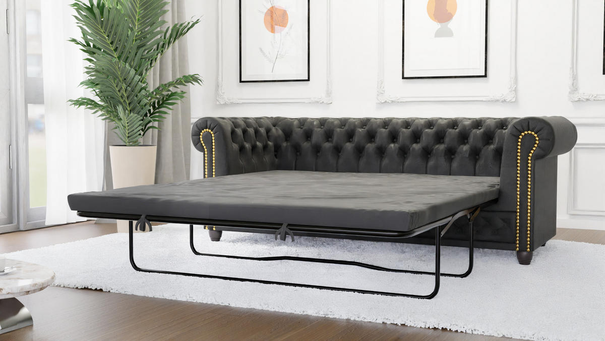 CHESTERFIELD-SOFA 3-sitzer mit Schlaffunktion Flux Anthrazit Microfaser Vintageoptik - Anthrazit/Braun, Holz/Textil (203/72/86cm) - S-Style Möbel