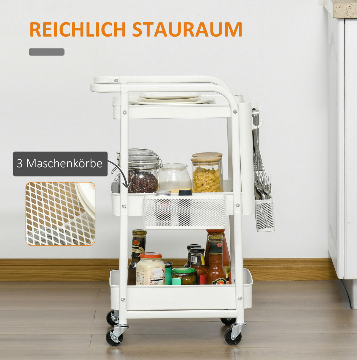 KÜCHENWOLLWAGEN 51.5x32x75.6cm Weiß aus Stahl mit 3 Körben, Seitenhaken & 4 Rollen - Weiß, Metall (32/75.6/51.5cm) - Modfu