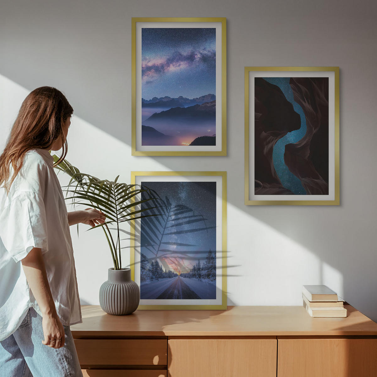 WANDBILDER 3er Set - 40x60 cm Goldrahmen - Nachthimmel, Berge, Winterlandschaft - Goldfarben, Kunststoff (40/60cm) - ArtPrintCave
