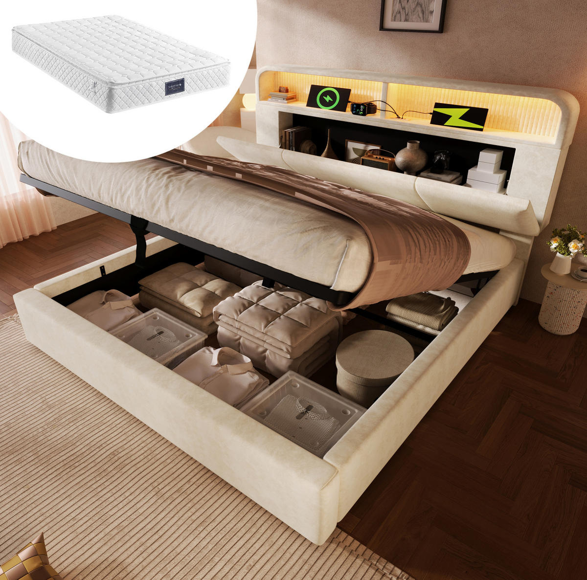 POLSTERBETT Samt 140x200 cm Beige mit Bettkasten, LED, USB/Type-C und Matratze - Beige, Textil (140/200cm) - IVMEU