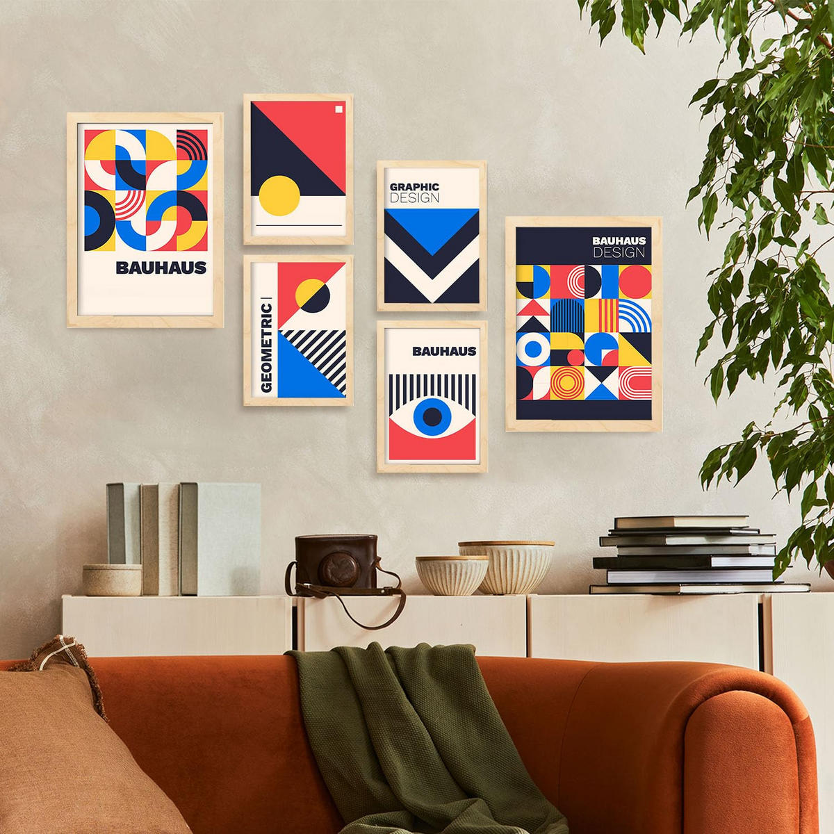 POSTER Set Mit 6 Bauhaus-Stil 4 Geometrisch Größe A3 & A4 Rahmen aus hellem Holz - Beige, Papier (29.7/1cm) - Nacnic