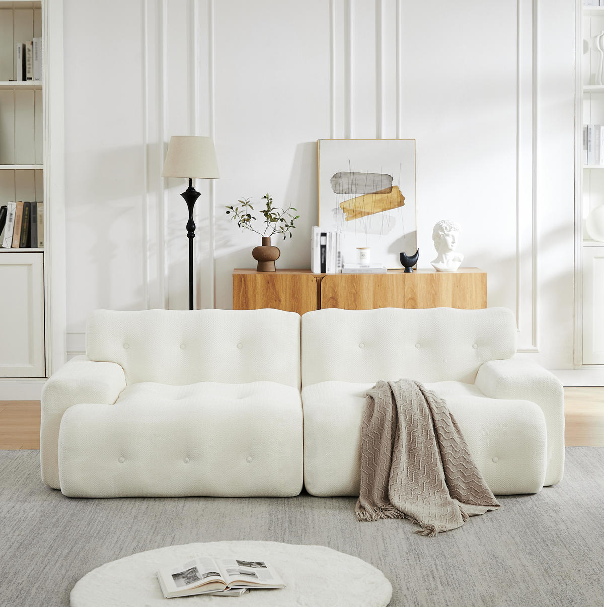 POHOVKA 224/104/66 cm béžová z chenille s oblými hranami a prošíváním s knoflíky - béžová, textil (104/66/224cm) - OKWISH
