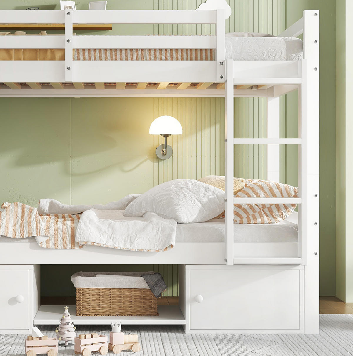 ETAGENBETT 90/200 cm Weiß mit Schuhregalen und Schließfächern aus Massivholz - Weiß, Holzwerkstoff (90/200cm) - OKWISH