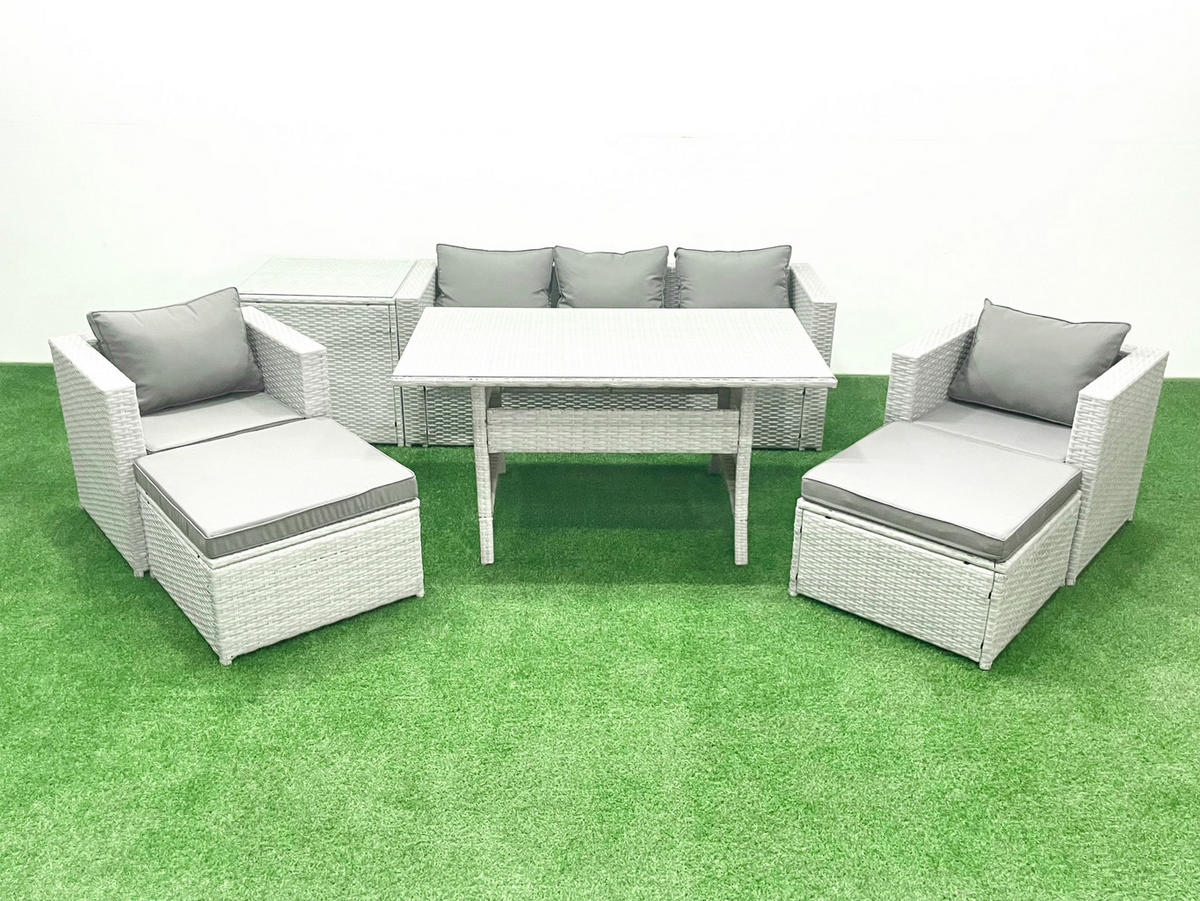 GARTENMÖBEL SET mit Sofa,2 Großer Hockern,Beistelltisch Polyrattan Hellgrau 7-Sitzer - Hellgrau/Grau, Glas/Kunststoff - Fimous