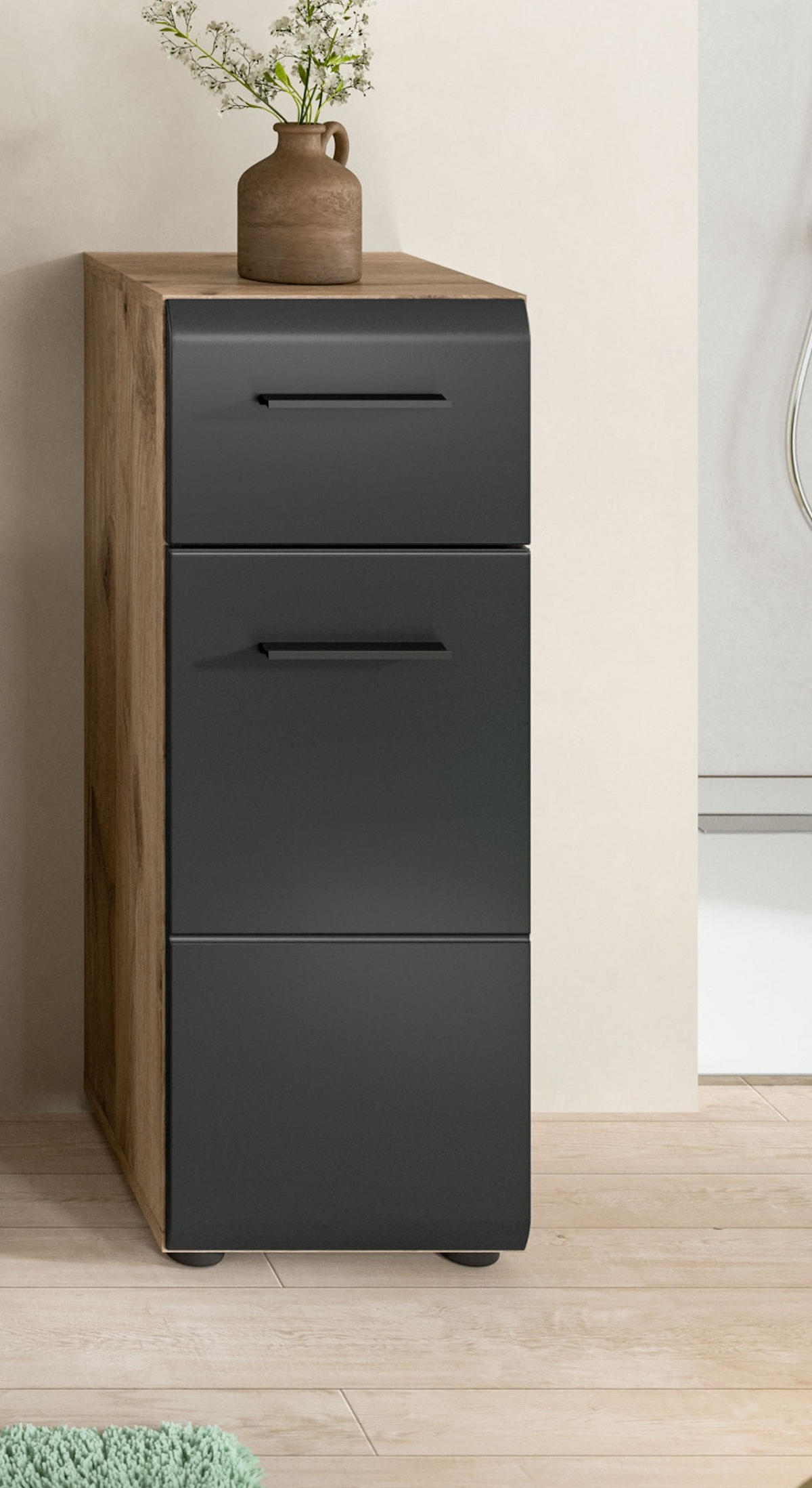 MIDISCHRANK schwarz matt, Eiche Nox, Bad Kommode 30 x 80 cm - Eichefarben/Schwarz, Holzwerkstoff/Kunststoff (30/80/30cm) - Inn.Furn