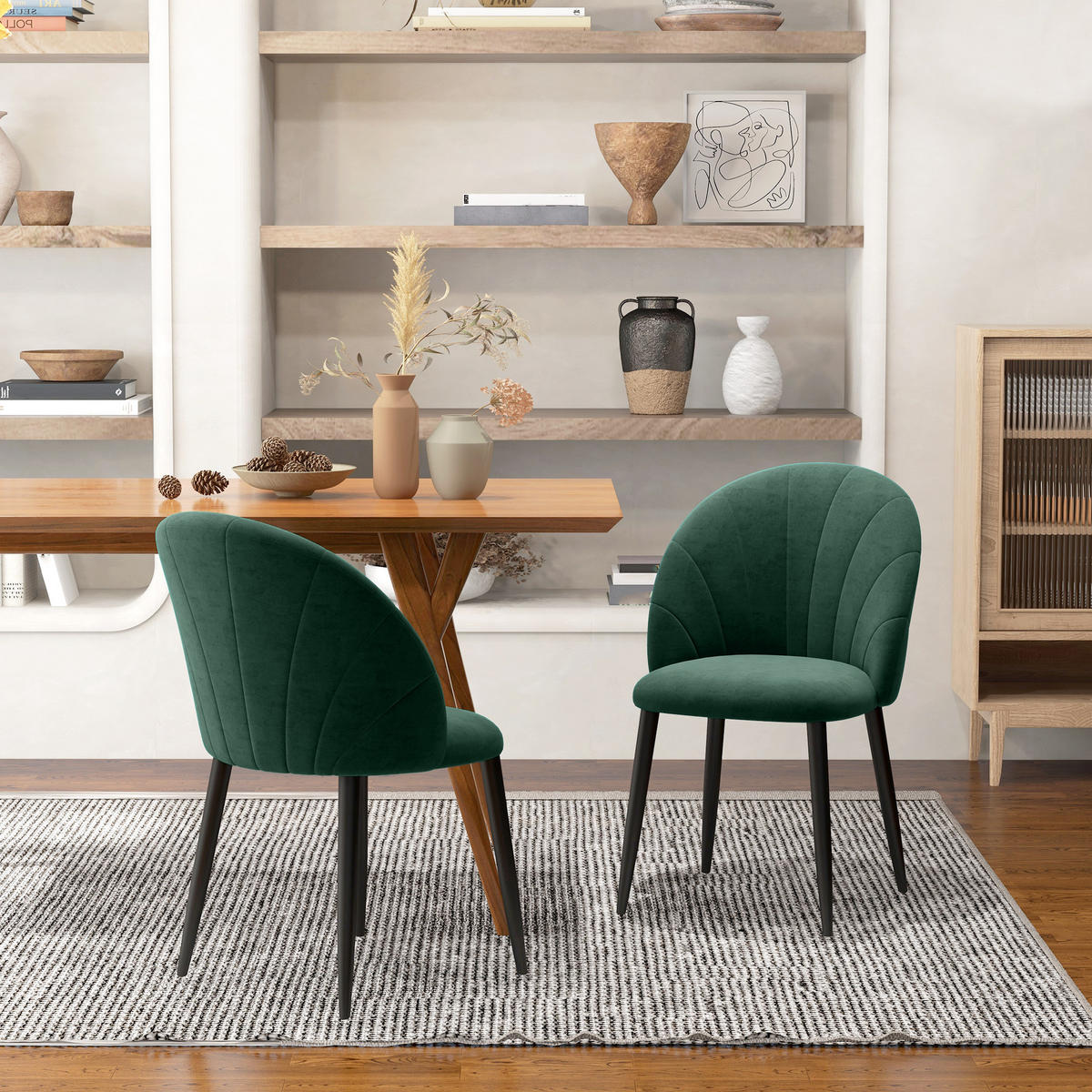 ESSZIMMERSTÜHLE 2er Set Küchenstuhl Bürostuhl mit Rückenlehne Samt Metall Grün - Grün, Textil (52/79/54cm) - HOMCOM