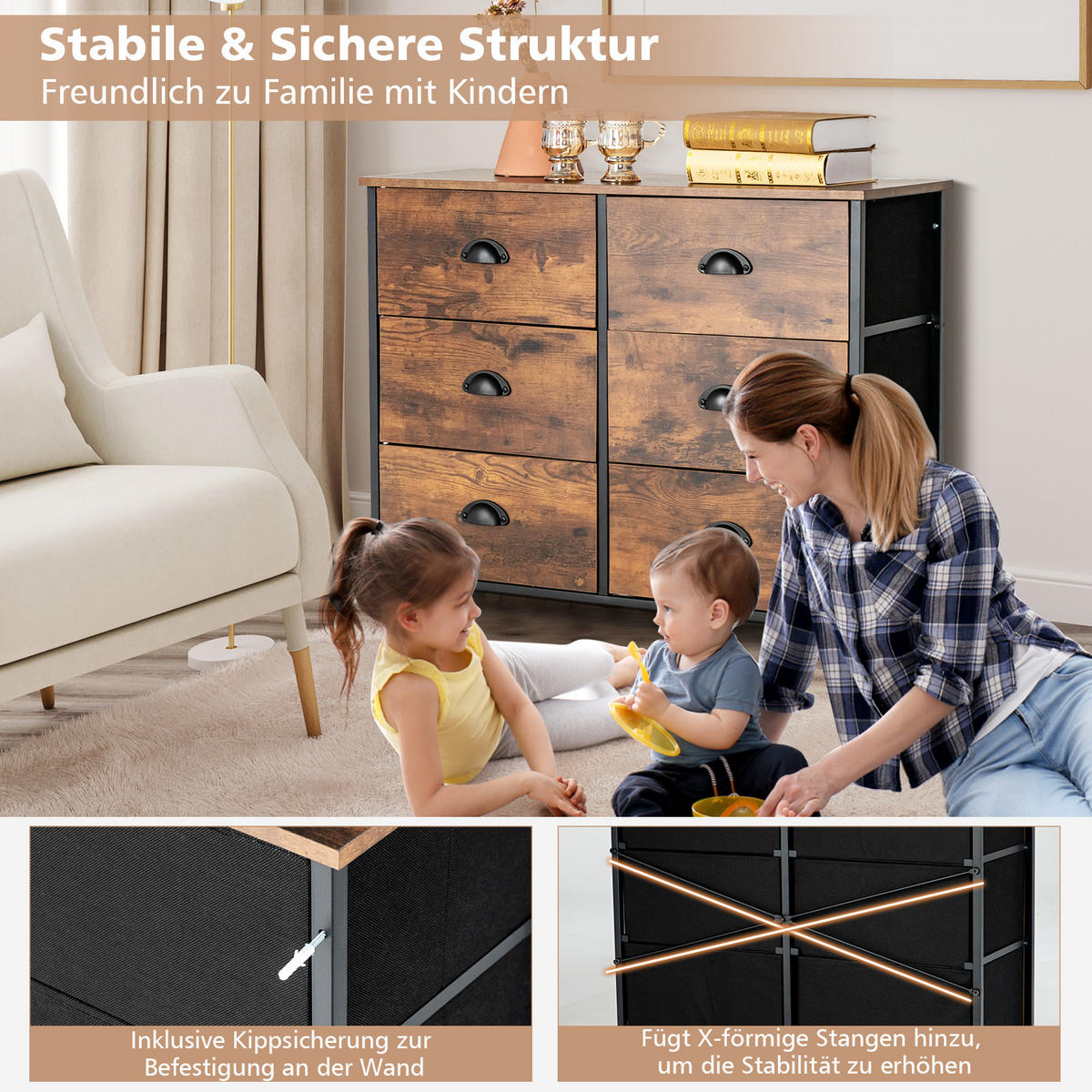 BEISTELLSCHRANK Kommode Braun - Braun, Holz (30/63/80cm) - COSTWAY