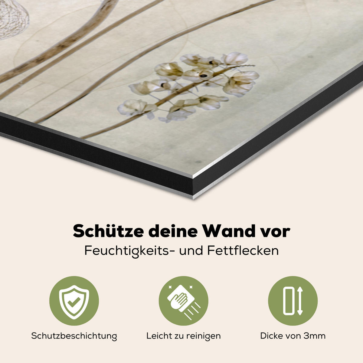 SPRITZSCHUTZ KÜCHE Blumen - Aquarell - Stilleben - Braun - Vintage 80x55 cm - Sandfarben, Metall (80/0.3/55cm) - MuchoWow