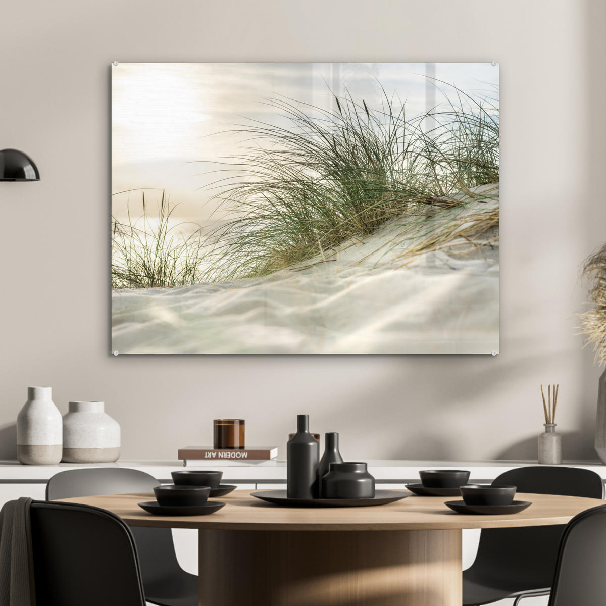 OBRAZ NA AKRYLOVOM SKLE Duny s marramovou trávou pod slnkom nemeckého národného parku Schleswig-Holsteinisches Wattenmeer 80x60 cm - krémová, sklo (80/60cm) - MuchoWow