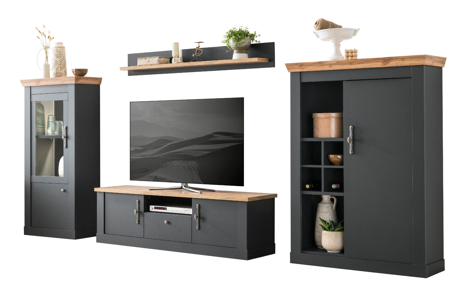 WOHNWAND 4-teilig grau, Eiche Wotan, Landhaus 357 x 170 cm, Wohnkombination mit Soft-Close - Silberfarben/Eiche Wotan, Glas/Holzwerkstoff (357/170/45cm) - Furn.Design