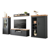 WOHNWAND 4-teilig grau, Eiche Wotan, Landhaus 357 x 170 cm, Wohnkombination mit Soft-Close - Silberfarben/Eiche Wotan, Glas/Holzwerkstoff (357/170/45cm) - Furn.Design