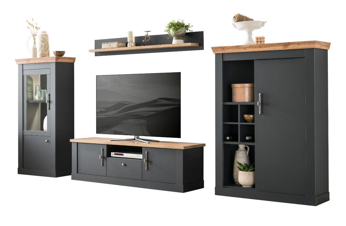 WOHNWAND 4-teilig grau, Eiche Wotan, Landhaus 357 x 170 cm, Wohnkombination mit Soft-Close - Silberfarben/Eiche Wotan, Glas/Holzwerkstoff (357/170/45cm) - Furn.Design