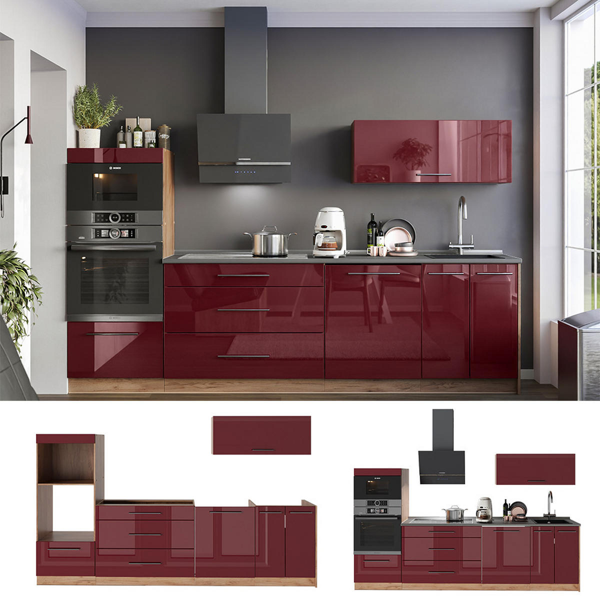 KUCHYNKA Fame-Line, Bordeaux vysoký lesk/Dub Goldkraft, 280 cm, AP Marble - bordová/dub medový, kompozitné drevo (280/153.6/60cm) - Vicco