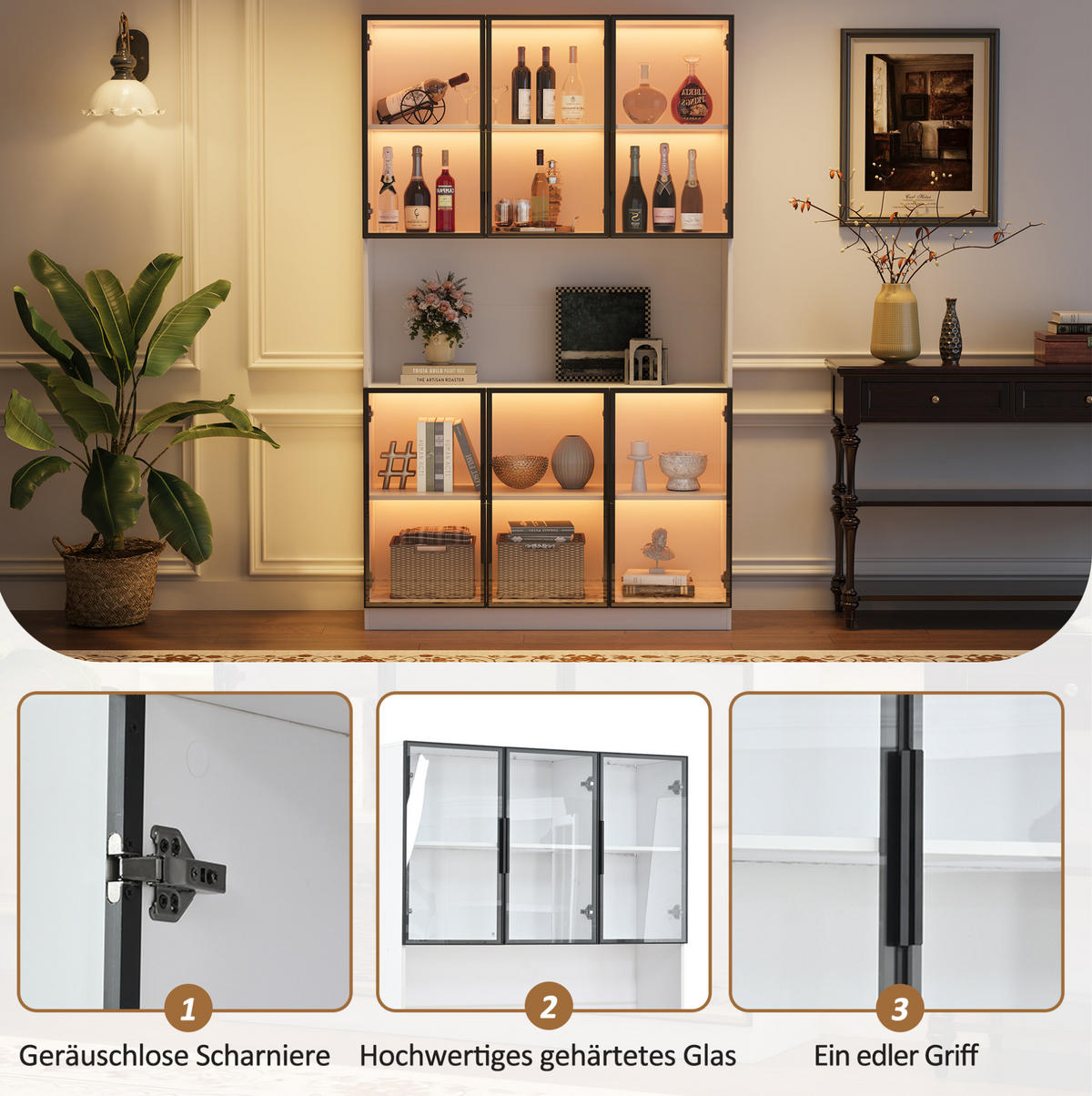 VITRINE 120/34/200 cm aus MDF und Glas mit 6 Türen, LED-Beleuchtung und Soft-Close, Weiß - Weiß, Holzwerkstoff (120/200/34cm) - Redom